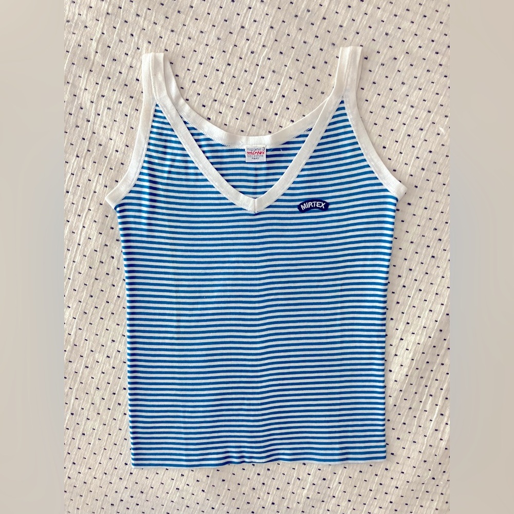Vintage DEADSTOCK Mirtex Italy 100% cotton knit blue and white stripe tank M